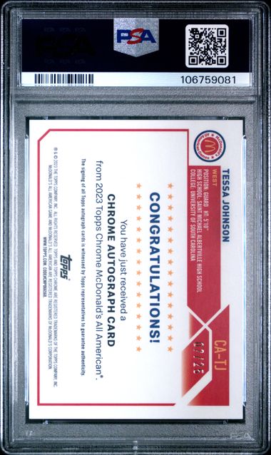 2023 TOPPS CHROME MCDONALD'S AA TESSA JOHNSON AUTO-ORANGE BASKETBALL REF PSA 9