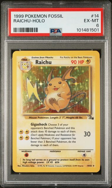 1999 POKEMON FOSSIL #14 RAICHU-HOLO PSA 6