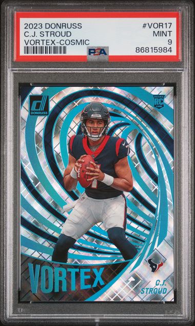 2023 PANINI DONRUSS VORTEX #VOR17 C.J. STROUD VORTEX-COSMIC RC #77/100 PSA 9