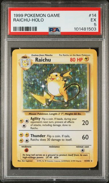 1999 POKEMON GAME #14 RAICHU-HOLO PSA 5