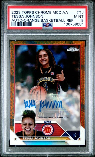 2023 TOPPS CHROME MCDONALD'S AA TESSA JOHNSON AUTO-ORANGE BASKETBALL REF PSA 9
